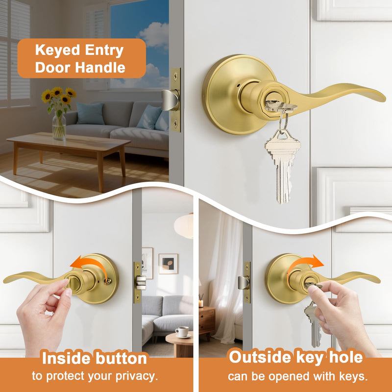 Probrico Brushed Gold Door Handles Front Exterior Door Handles with Lock and Keys, Gold Entry Door Lever Wave Style Reversible, 1 Pack