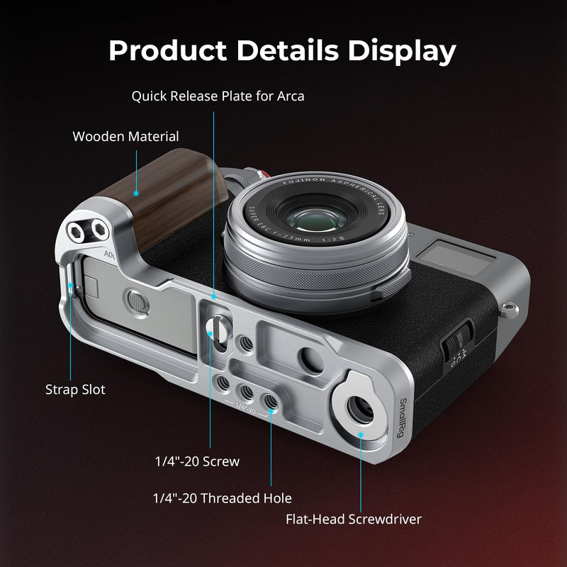 SmallRig X100VI / X100V Handgrip, Wooden L-Shape Grip for FUJIFILM X100VI / X100V Camera, Built-in Quick Release Plate for Arca, with Shutter Button and Hot Shoe Cover, Silver - 4804 Siliver