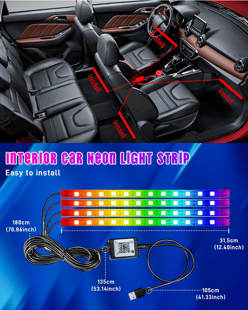StoneBanks Car Strip Lights Interior, LED RGB USB C Under Dash Lighting, 12V Footwell Neon Internal Lights Kit, Smart APP Control and Remote Dual Control, Multicolor Music Mode and DIY Mode 48 LEDs