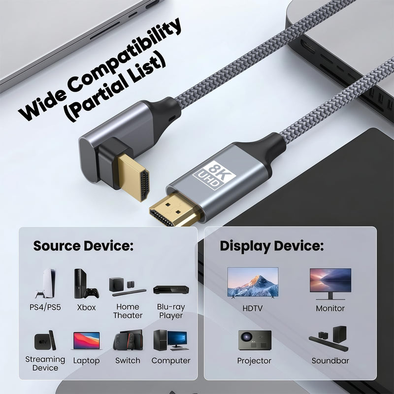 Short Right Angle HDMI Cable 8K 90 Degree HDMI 2.1 Cable 1 Foot | Aluminum Braided Angled HDMI Cord Supports 4K@120Hz, 8K@60Hz, 48Gbps, Dynamic HDR, eARC, 3D for TV Box, HDTV, Monitor, Laptop 90-Degree 1FT
