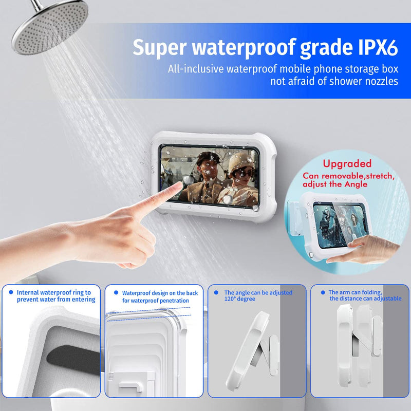 Upgraded 480° Rotating Shower Phone Holder Waterproof Case with Touch Screen,OOLYICO Shower Accessories Guardian Buddy Holder Wall Mount Shelf in Bathroom Bathtub for 4" - 7" Cell Phone White