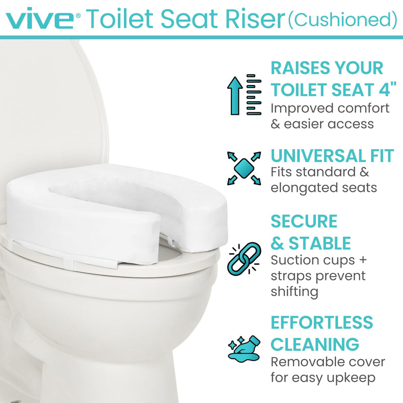 Vive Toilet Seat Riser Cushion for Seniors - Universal Fit - Raised Toilet Seat with High-Density Foam for Elongated & Standard - Firm Handle, Cushioned & Padded - Elevated Medical Handicap Lifter White Dense Riser 4” Height