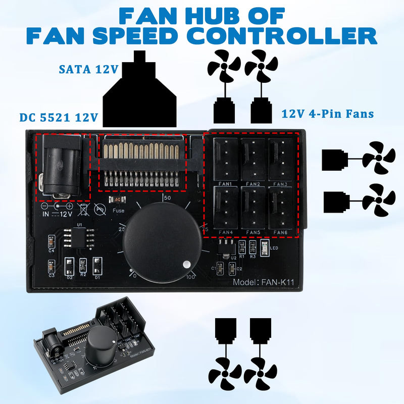 12V 4-Pin PWM Fan Controller, 6 Fans Supported, PC Fan Adapter Hub Adjustable Speed Knob Power Supplied with SATA DC for Fans Cooling