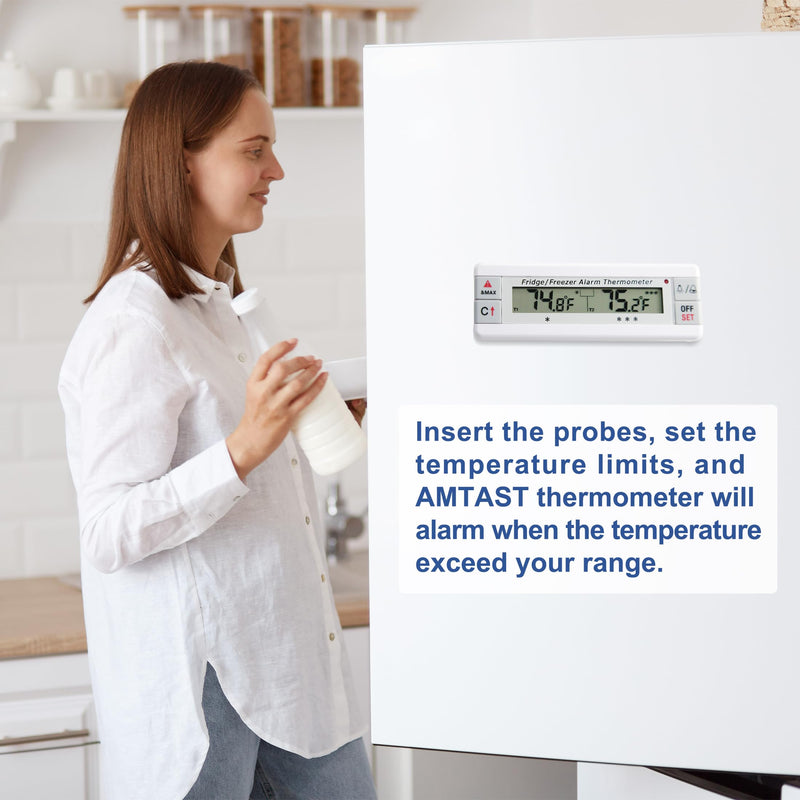 Digital Refrigerator Thermometer 2 Channel Freezer Thermometer with Alarm Sound Reminder Thermometer Fridge with Max/Min Temperature Record Freezer Alarm with Magnetic Back for Home Kitchen Refrigerator Universal Version