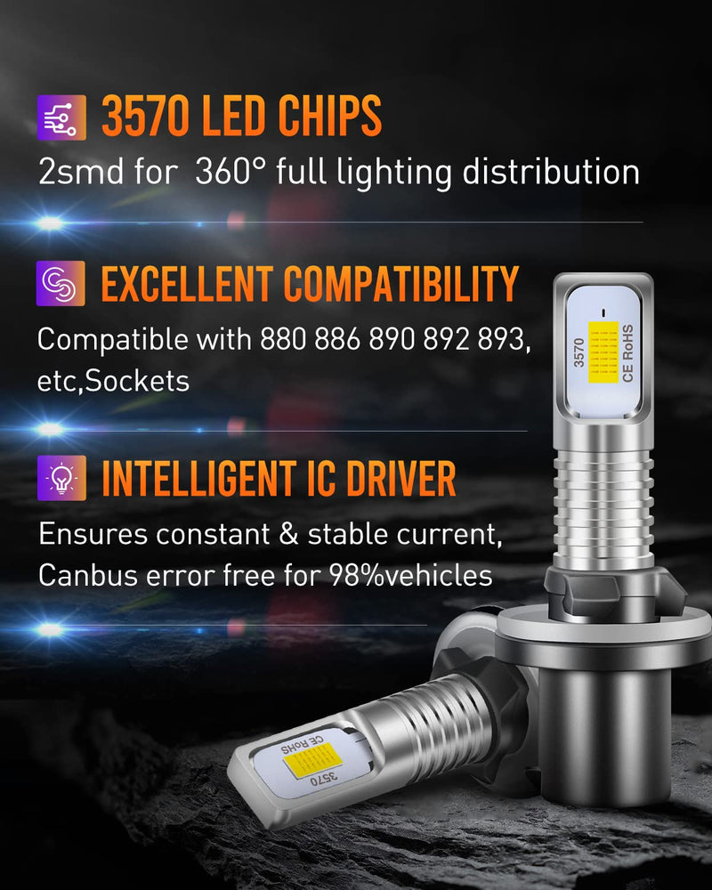 LUYED 880 Led Fog Light Bulbs,6500K Xenon White Extremely Bright 886 890 892 893 Led Bulb Replacement Fog Lights,Plug and Play,Pack of 2