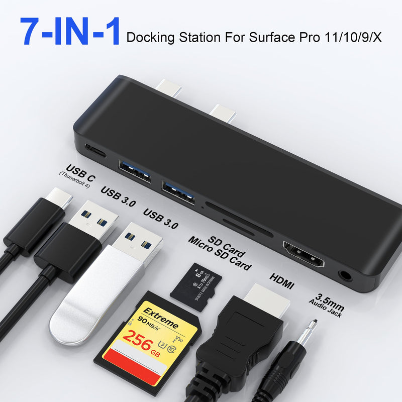 Surface Pro 11/10/9 Accessories Docking Station & Adapter - 7-in-1 USB-C Hub for Dual Monitor, with 4K HDMI, USB C Thunderbolt 4 (8K@30Hz/40Gbps/100W PD), 2 USB 3.0, SD/TF Card Reader & 3.5mm Audio Black