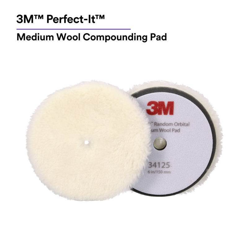 3M Perfect-It Random Orbital Medium Wool Compounding Pad, 6"/150 mm, White, 34125, Orbital Pads for Automotive Compounding and Polishing 6" 150mm