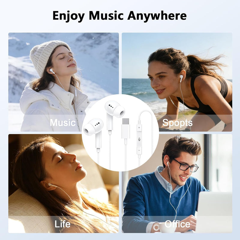 [Apple MFi Certified] USB C Headphones for iPhone 17 16 15,Wired Earbuds with Mic & Volume Control,Noise Cancelling Type C Earphones in-Ear for iPad Pro/Air,Galaxy S25 26 Ultra,Pixel 9,MacBook 2Pcs Creamy white