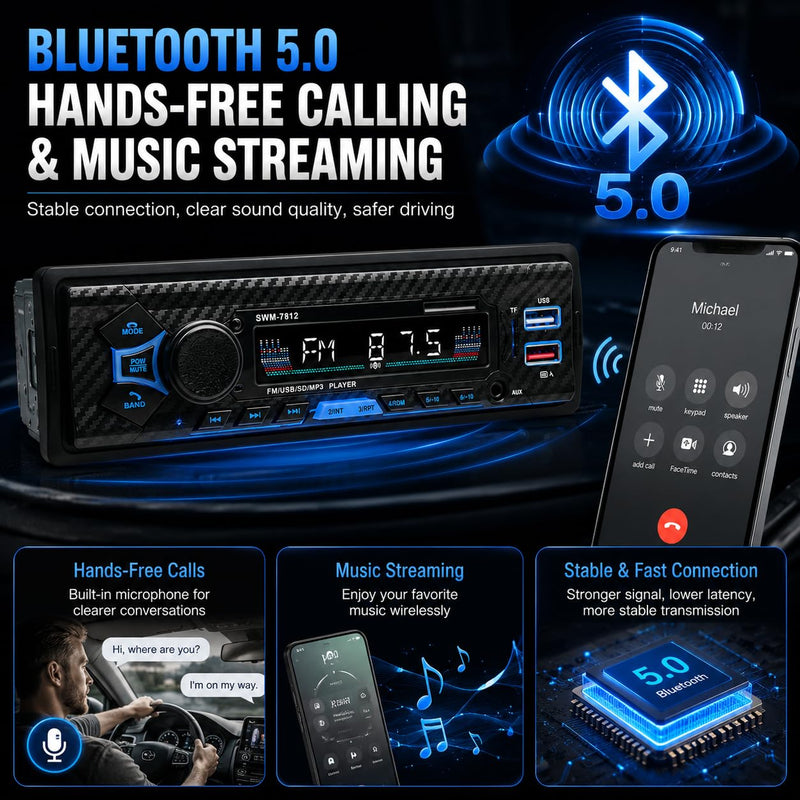 Single Din Car Radio Stereo with Bluetooth | AI Voice Control, Steering Wheel Control, FM Radio, USB Fast Charging, AUX Input & Subwoofer Output