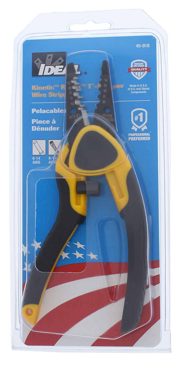 IDEAL Electrical 45-918 Kinetic Reflex T-Stripper - 6-16 AWG, Wire Stripper with Thumb Rest, Plier Nose, Slide Lock, Textured Grips,Black/Yellow