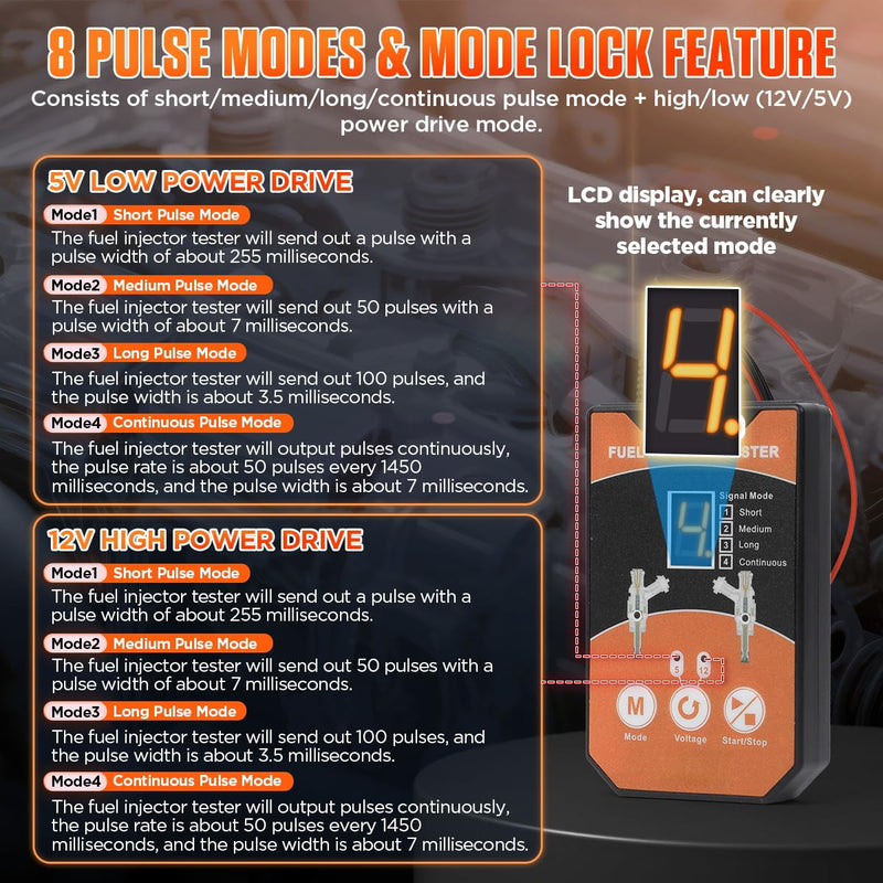 Fuel Injector Cleaner Kit Universal Fuel Injector Tester And Cleaner Kit,8 Pulse Modes Fuel Injector Cleaning Kit,DIY Fuel Injector Cleaner Tool with 6 Size Cleaning Adapters,12V/5V Output Power