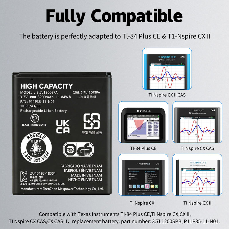 1-Pack TI-84 Plus CE Battery+Charger for Texas Instruments,𝗨𝗽𝗴𝗿𝗮𝗱𝗲𝗱 High Capacity 0 Cycle,P11P35-11-N01 Battery,Part No 3.7L1200SPB 3.7V TI-Nspire CX II TI-Nspire CX II CAS