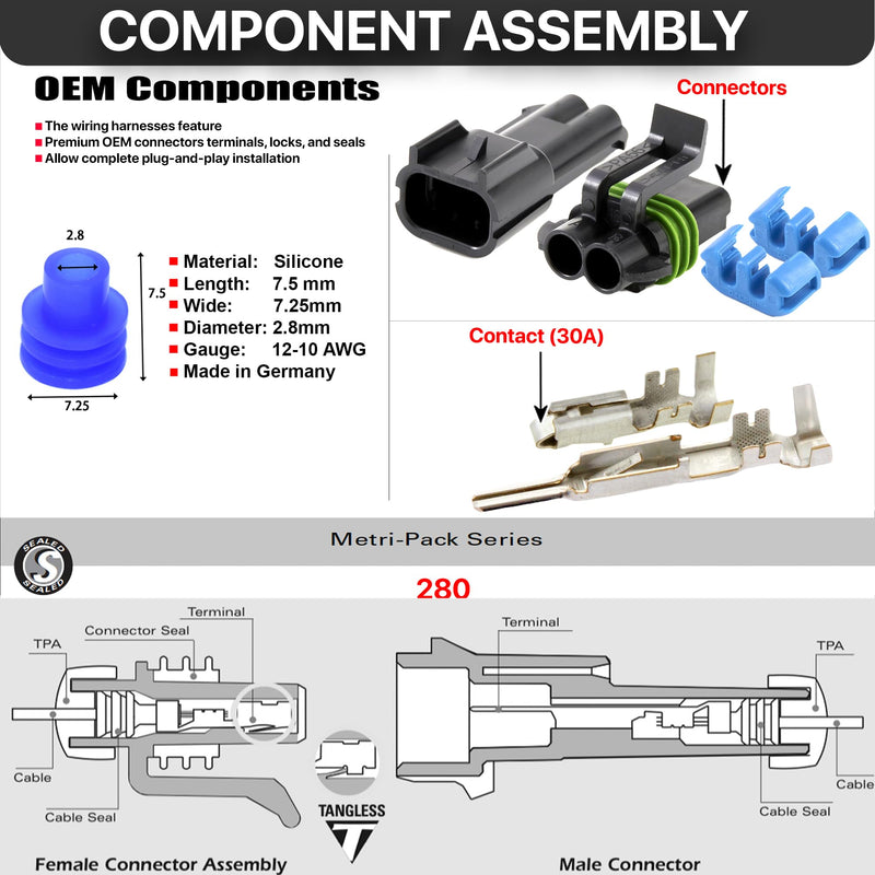 5-Pack (2-PIN) 30Amp Metri-Pack Waterproof Connector Terminals and Seals 12-10awg 2-Pin (12-10 GA)