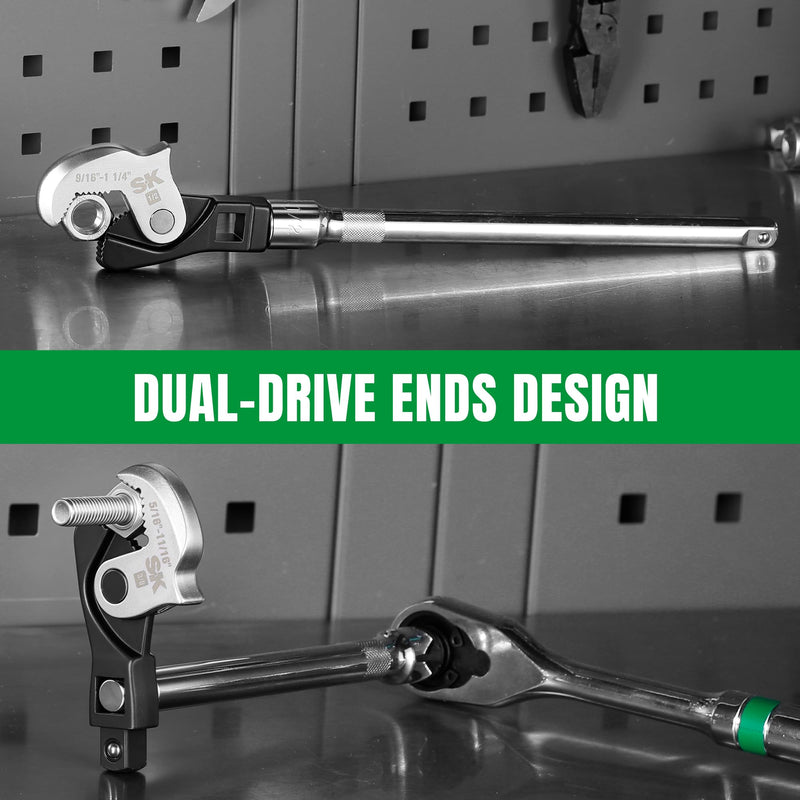 SK 3-Piece Adjustable Crowfoot Wrench Set, 1/4" & 3/8" & 1/2" Drive, Dual-Drive Ends Design, Spring Loaded Jaw with Serrated Teeth, 3/16" to 1-1/4", Premium CR-V Construction