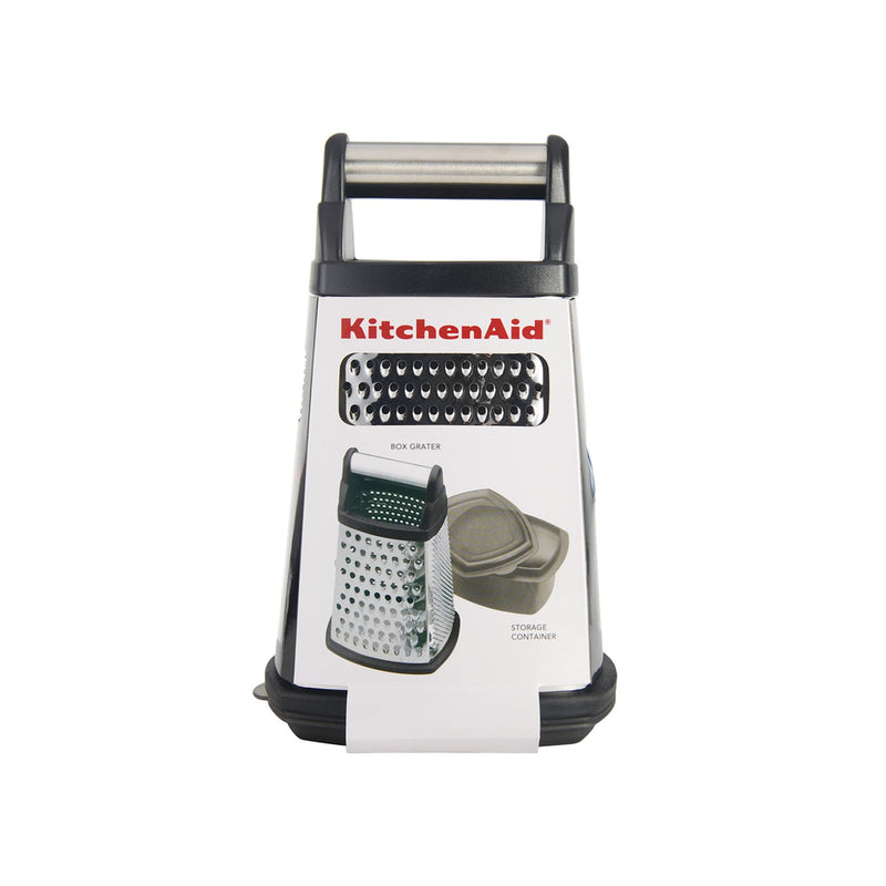 KitchenAid Gourmet 4-Sided Stainless Steel Box Grater for Fine, Medium and Coarse Grate, and Slicing, Detachable 3 Cup Storage Container and Measurment Markings, Dishwasher Safe, 10 inches tall, Black 10 Inch