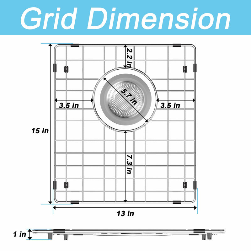 Sink Rack,Sink Protector for Kitchen Sink,Stainless Steel Sink Grid for Bottom of Sink 13"W x 15"L,Metal Sink Grate with Strainer,Rear Drain for Single Bowl with Corner Radius,1 pack 1