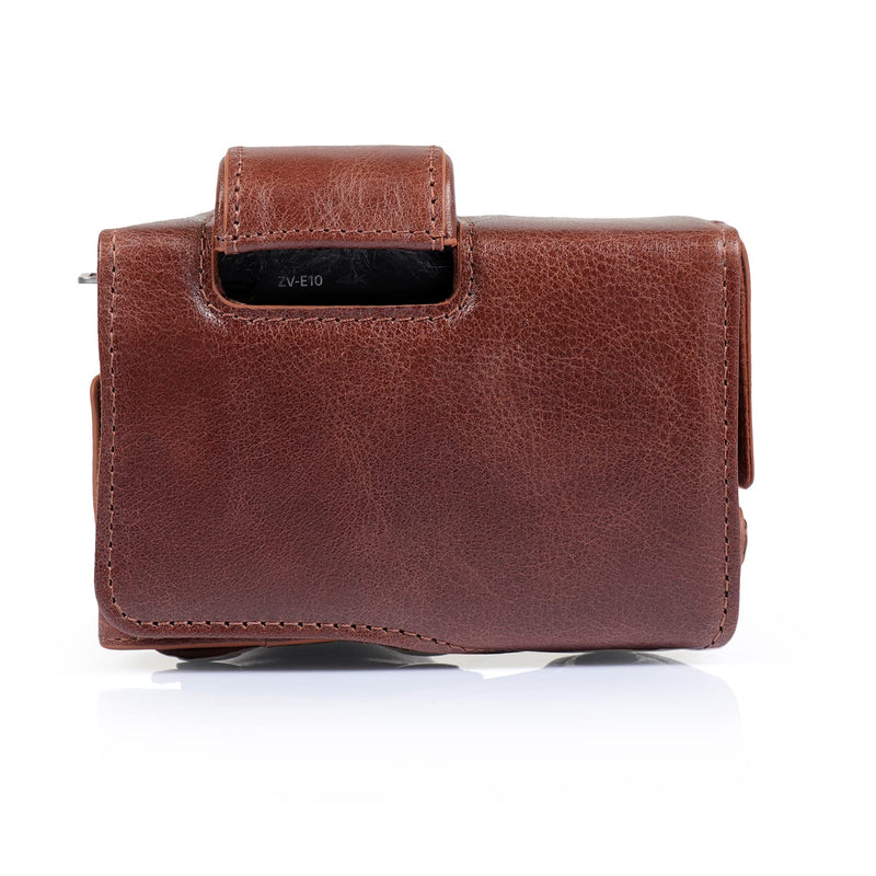 MegaGear MG2006 Ever Ready Genuine Leather Camera Case Compatible with Sony ZV-E10, Full Body Protection Lens Cover Bag with Shoulder Strap, Brown