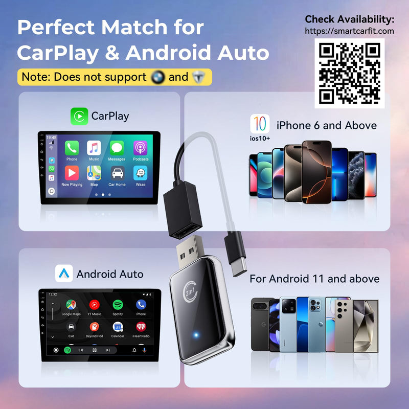 Wireless CarPlay Adapter for iPhone, Convert Wired Car Play to Wireless, 2 in 1 Plug and Play Android Auto and Carplay for Cars with Built-in CarPlay, Support iOS 10 Android 11 and Above (Silver) Silver