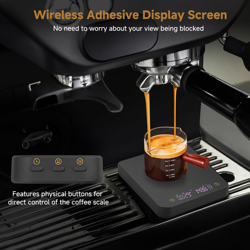 Mini Coffee Scale with Wirelss Magnetic Display, 3kg/0.1g Espresso Scale with Flow Rate Display, Portable Digital Coffee Scale with Multiple Mode Timer for Espresso, Pour-Over Scale with Wireless Display