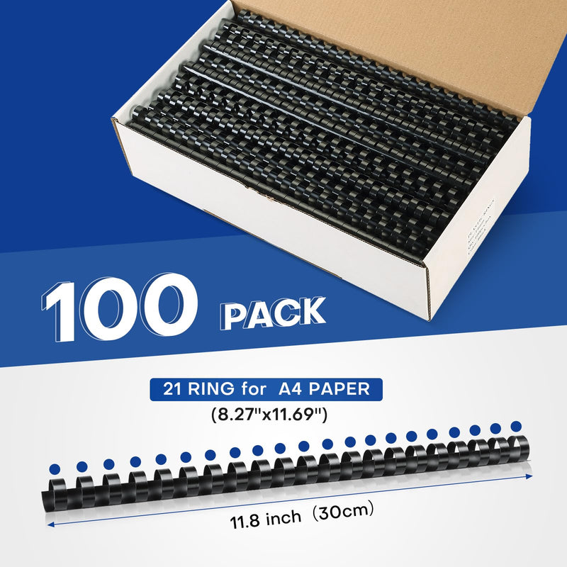 MYFULLY 21 Ring Plastic Binding Combs, 9/16 Inch Diameter, 120 Sheet Capacity, 100 Pack Black Comb Binding Spines– Perfect for Office & School Letter Size Document Binding