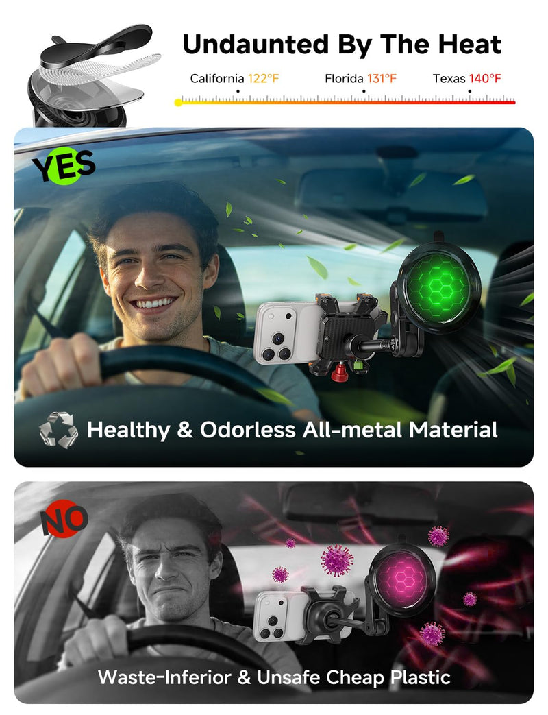 MAGIC JOHN Metal Car Phone Holder 360° Rotation Suction Mount Windshield | All-Metal Build With Enhanced Suction Cup, Adjustable Clamp Arms, Compatible With iPhone Samsung & All Smartphones