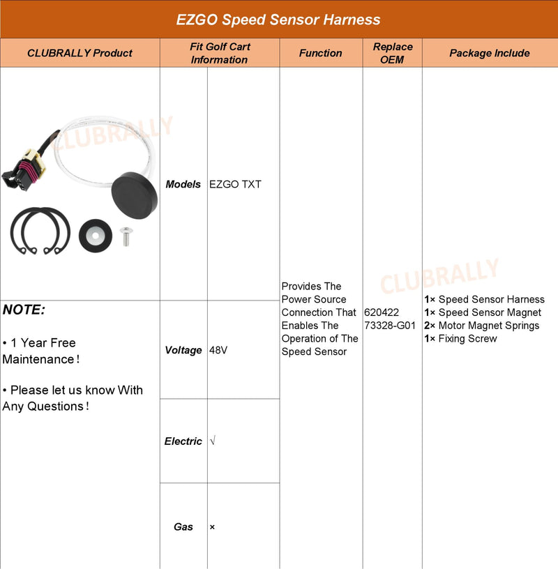 Speed Sensor Harness 48 Volt Kit with High Speed Sensor Magnet Fits EZGO TXT Golf Cart 620422+73328-G01