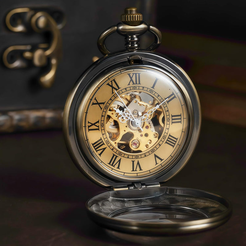 Mechanical Pocket Watch, for Men Women Special Magnifier Half Hunter Engraved Case Roman Numerals with Chain Aa. Bronze Black