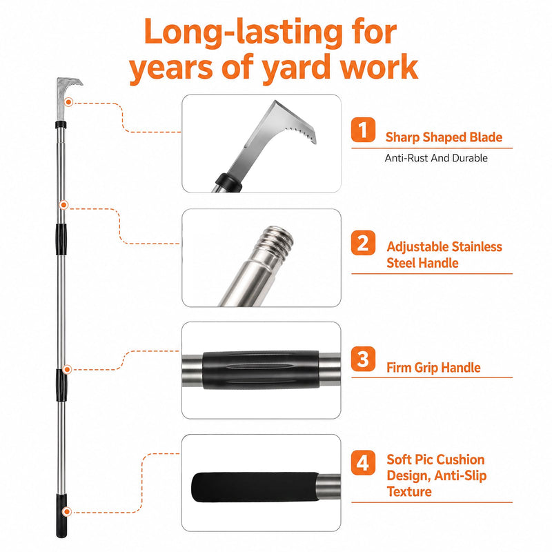 HORM 47.24'' Crack Weeder, Stainless Steel Manual Crevice Weeding Tool, Long Handle Weed Grabber Remover, L-Shaped Manual Weeder Puller, Durable Crevice Weeding Tool for Sidewalk Garden Lawn 47.24''