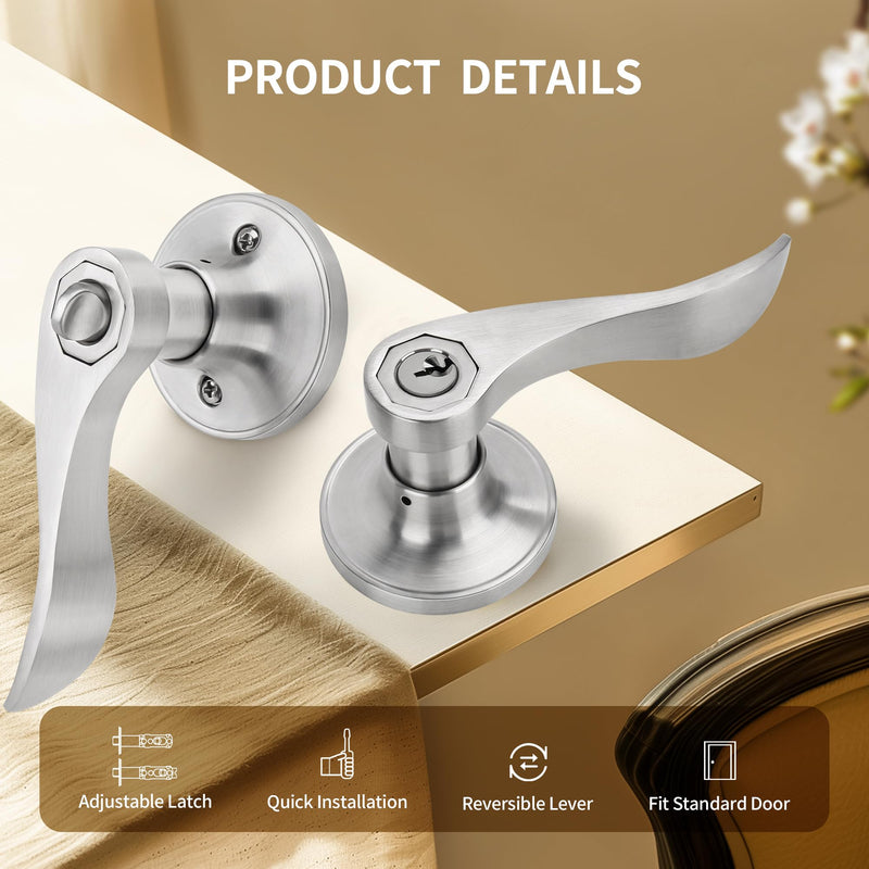 Moquin Wave Design Keyed Entry Door Lever with Lock, Reversible Door Handle for Right/Left Side Front/Entrance Door Lock in Satin Nickel Finish Keyed Entry-Lock & Key