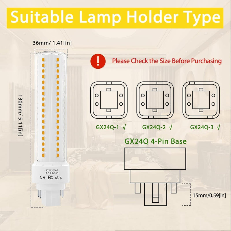 Lustaled LED Gx24q 4-Pin Base Light Bulb, 12W Gx24 PL Retrofit LED Recessed Light Natural White 4000K 26W Compact Fluorescent Lamp Replacement for Ceiling Fixtures, 4-Pack (Remove/Bypass The Ballast) 4 Pack
