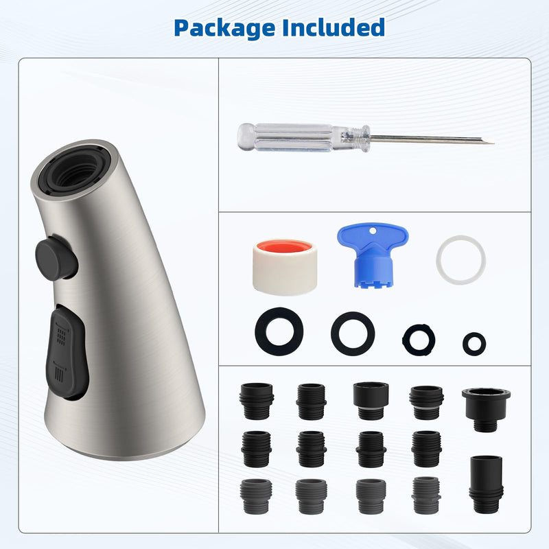 Hibbent Curved Pull Down Kitchen Faucet Head Replacement, 3-Function Kitchen Sink Spray Nozzle with 14 Adapters, Anti-Splash, Compatible with Kohler Bent Faucets, Brushed Nickel Curved Spray Head
