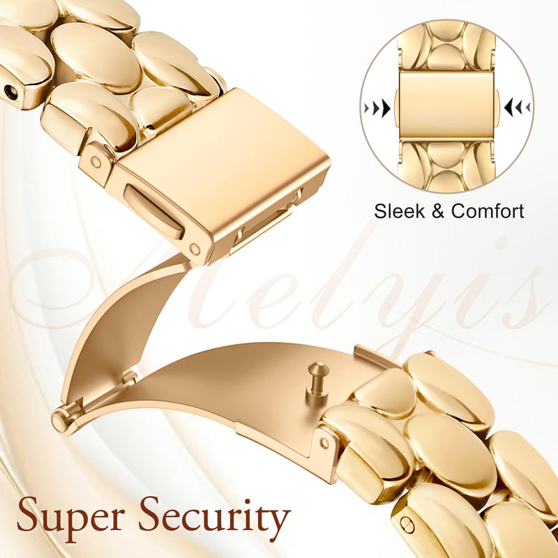 Melyis Slim Metal Band with Case Fits Apple Watch Bands for Women 42mm | Thin Stainless Steel iWatch Bands for Women, Dressy Band for Apple Watch with Screen Protector Series SE 9 8 7, Gold 42mm-Series 11 10
