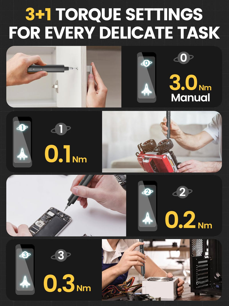 Mini Electric Screwdriver Sets,Sowkos Gifts for men,Screwdriver set with 60 Precision Bits,4 Torque Settings,Repair Tool Kit for Electronics Phone Camera Laptop Watch Black