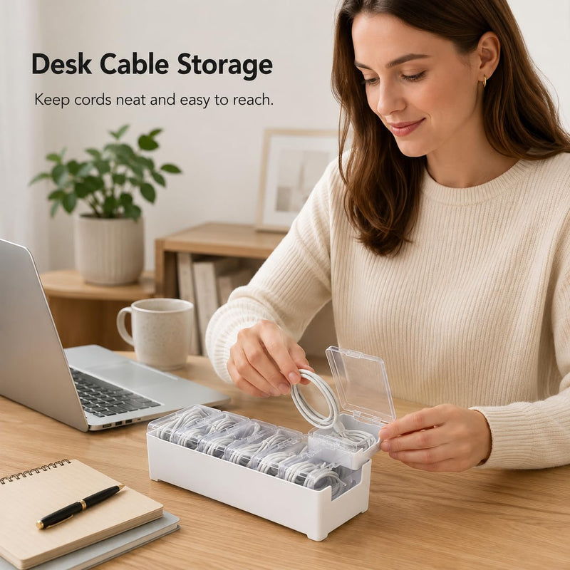8 Pcs Cable Organizer Storage Box, Desktop Cord Management Organizer with 7 Switch Small Boxes, Clear Home Perler Beads Case for Stationery Supplies Desk Electronic Accessories, White