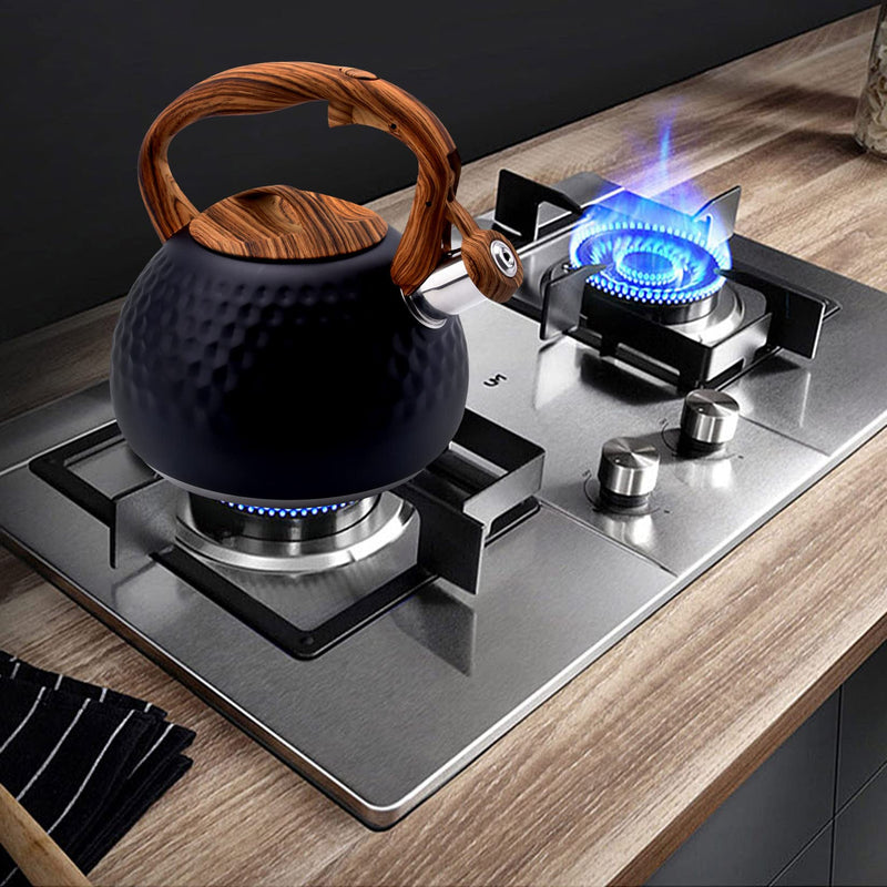 GGC Tea Kettle for Stove Top, Loud Whistling Kettle for Boiling Water Coffee or Milk, 3.1 Quart 3L Heavy Stainless Steel Black Kettle with Wood Pattern Handle, Unique Button Control Kettle Outlet Premium Black