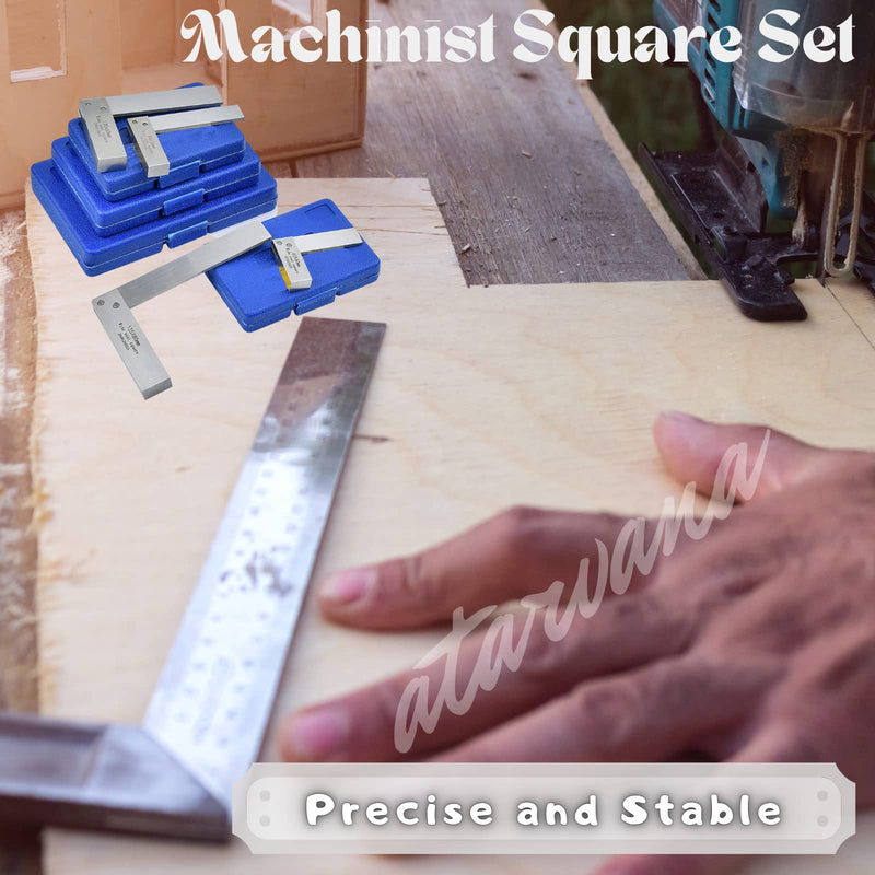 Machinist Square Set 2, 3, 4, 6 Inch, Atarvana Mechanical Steel High Precision Squares, Harden Carbon Steel, 90 Degree Wide Base, L-Type Right Angle Ruler Tool for Woodworking Silver Set of 2, 3, 4, 6 Inch