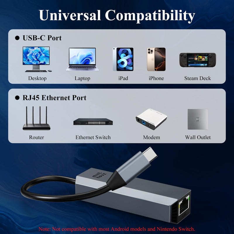 Minthouz 5Gbps USB-C to Ethernet Adapter, RJ45 to USB C 5 Gigabit LAN Network Adapter, Grey Aluminum Case Ethernet to USB Network Dongle Compatible with Laptops, Computers, MacBook, Surface and More MT-NWU341G