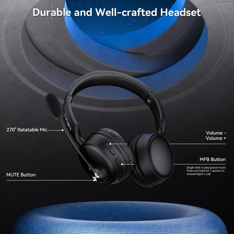 Bluetooth Headset with Microphone, 60 Hrs Bluetooth Headphones with Mic, Wireless Headset with Mic for Work/Meetings/Office/iPhone/Phone Calls/Call Center/Computer/PC/Teams/Zoom/Podcast/Skype/WebEx Black