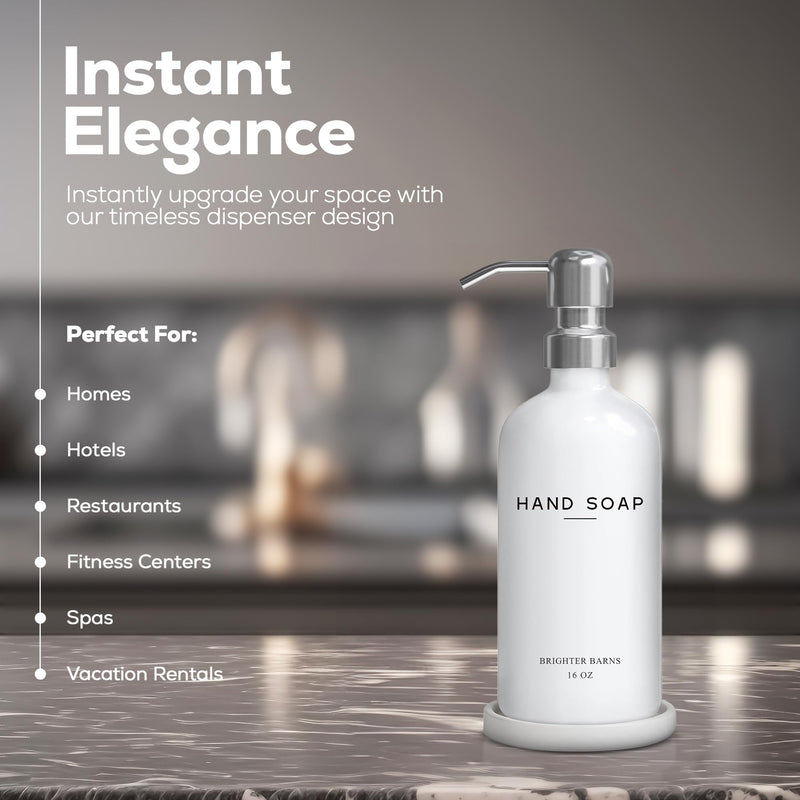 White Glass Hand Soap Dispenser Bathroom Set by Brighter Barns - Bathroom Soap Dispenser Set with Ceramic Tray - Refillable Glass Bottle Pump - Modern Home Decor for Airbnb, Hotel, Restaurants (White) Silver 1