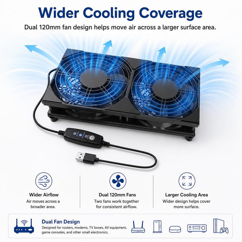 240mm USB Router Cooling Fan, Silent Fan with 3 Adjustable Speeds, Portable USB Fan for PC Case, PS4, TV Box, AV Cabinet, Model U3UK1
