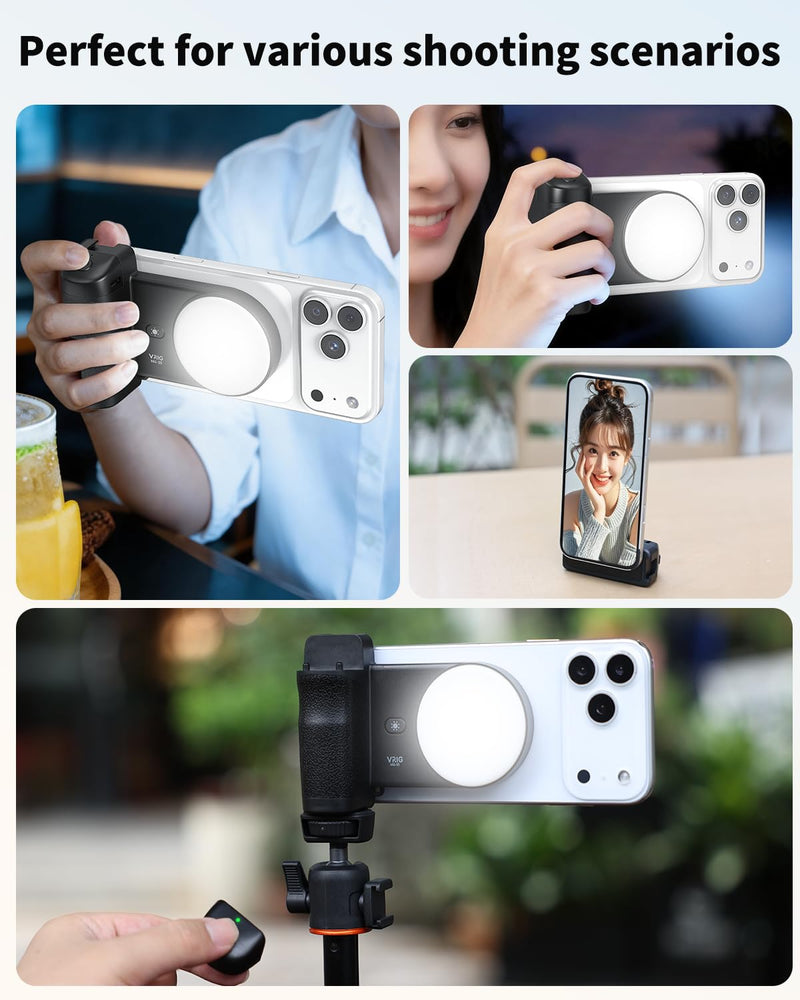 VRIG MG-35 Magnetic Phone Camera Grip for iPhone/Android with Detachable Wireless Shutter Remote,Three-Gear Adjustable Fill Light, 1/4" Tripod Screw - Comfort Ergonomic Camera Grip Handle Holder MG-35 Grip