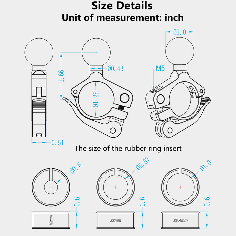 BRCOVAN Aluminum Alloy Handlebar Clamp Mount Base with 1'' TPU Ball for Rail Diameter 0.5'' 0.87'' 1'' 1.125'' 1.26'', Fit for RAM Mounts B Size 1 Inch Ball Double Socket Arm, Tool-Less Installation R18-Set of 1