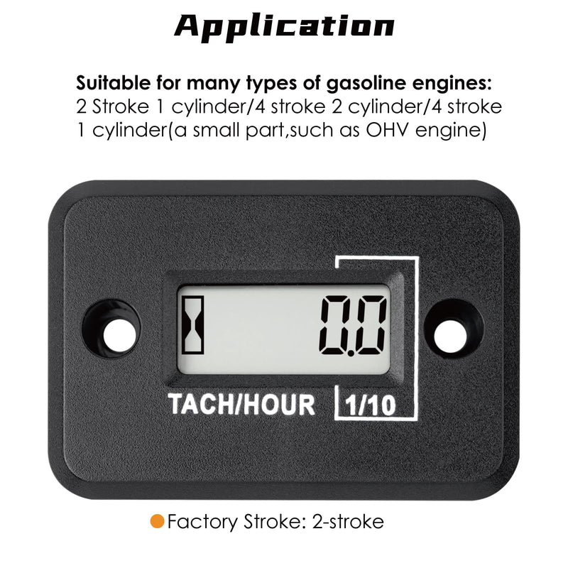 Nine-Rong Self-Powered Tach Hour Meter Digital LCD Inductive Tachometer Timing RPM Measuring Waterproof Design,for Gas Engine Lawn Mower Motorcycle Snowmobile Generator(2 Stroke)(Black) Black