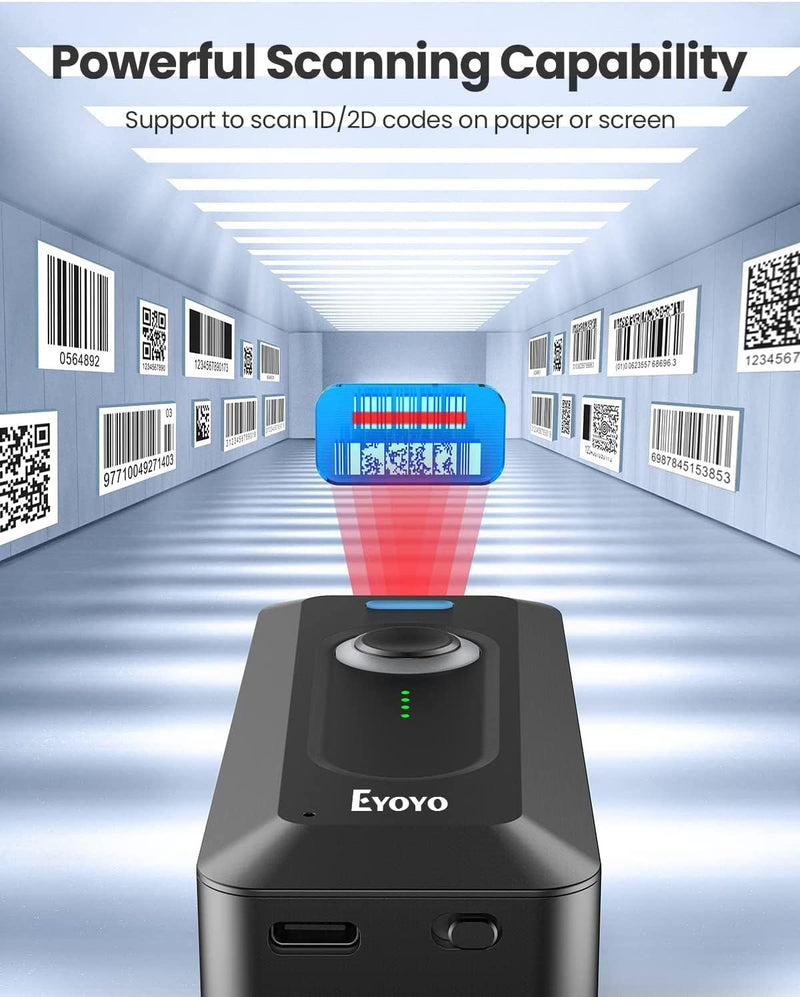 Eyoyo 2D Bluetooth Barcode Scanner Wireless with Clip, 2000mAh Battery with Level Indicator, Portable Mini QR Bar Code Reader for Library Book Inventory Compatible with iPhone, iPad, Android Phone Black