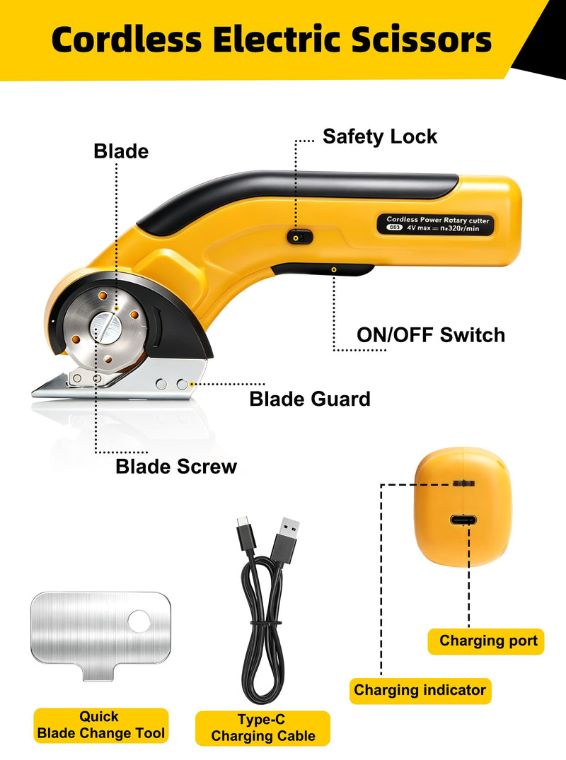 Cordless Electric Scissors,Rechargeable Cardboard Cutter, 4V Upgrade Electric Box Cutter with Safety Lock & LED Light, Powerful Cutting for Cardboard Box, Plastic, Leather（Yellow）