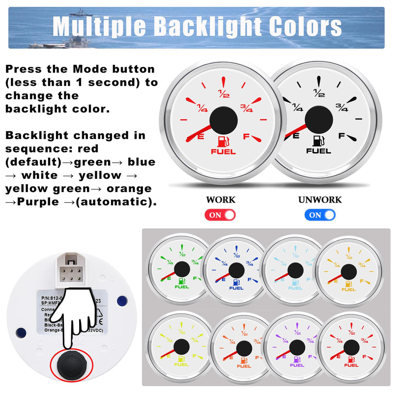 Geloo Marine Fuel Gauge 52mm Boat Gauge Digital Fuel Gauge Fuel Gas Tank Gauge Fuel Level Gauge Replacement 240-33ohm 0-190ohm Signal Adjustable with 8 Colors Backlight for Motorcycle Boat Car-White White & Sliver