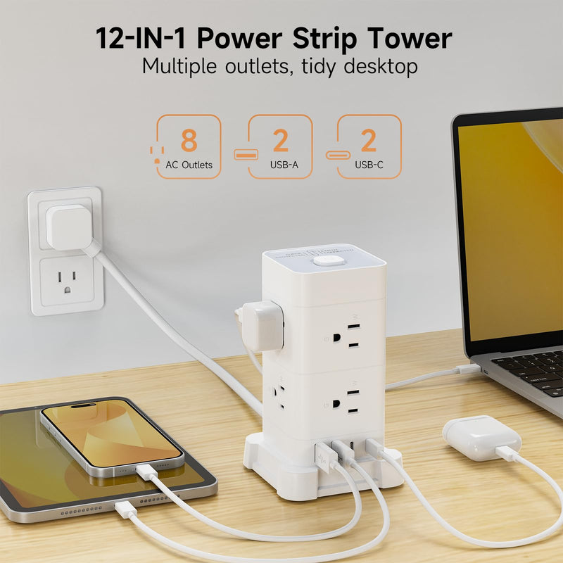 Power Strip Tower with 8 AC Outlets 4 USB Ports (2 USB-C), Surge Protection 3M Extension Cord Flat Plugs Charging Tower for Home Office Desk, White