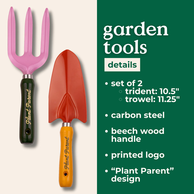 ban.do Hand Rake and Trowel Set, Plant Parent | Retro Inspired Colored Garden Tools with Plant Parent Quote Handle, Metal Tools with Beech Wood Handles