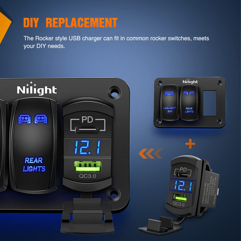Nilight Rocker Switch Style USB Outlet LED Voltmeter Quick Connector 12V PD Type C and USB QC 3.0 Cars Replacement with Inline Fuse for Switches Panel on Boats RV Truck Car Type C + USB Voltmeter Blue