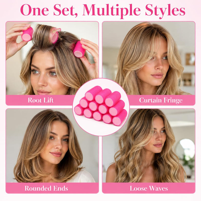 Healeved 12Pcs Hair Curlers Rollers, 60mm Jumbo Hair Roller Curlers Self Grip Holding Rollers for Long Medium Short Thick Fine Thin Hair Bangs Volume (Rose Red)